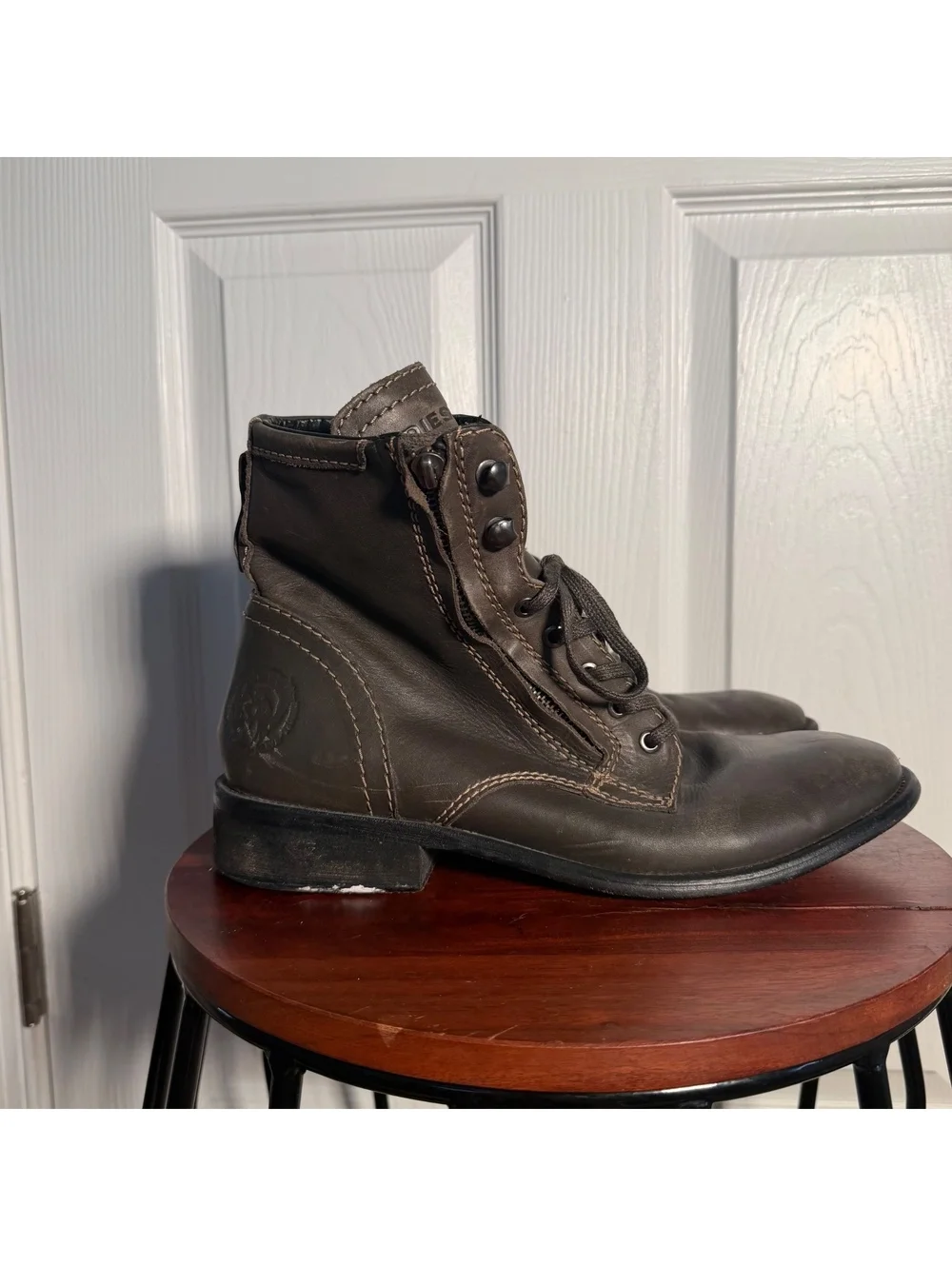 Men’s Genuine Leather Lace Up Side Zip Combat Biker Greenish Brown Ankle Boots